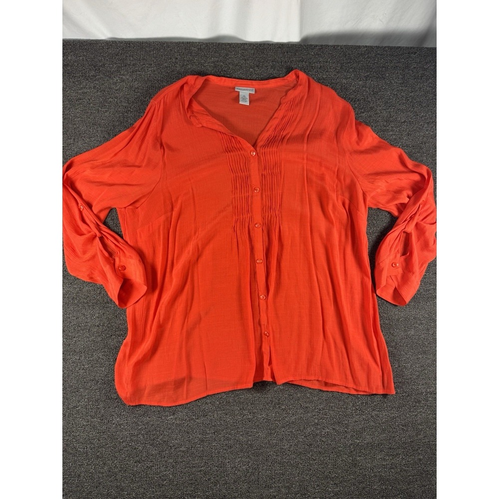 Catherines Shirt Womens 2X Orange‎ Button Front Pintuck Long Sleeve Plus Size